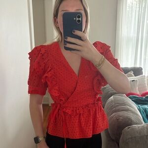 J. Crew Vibrant Red Eyelet Wrap Blouse
